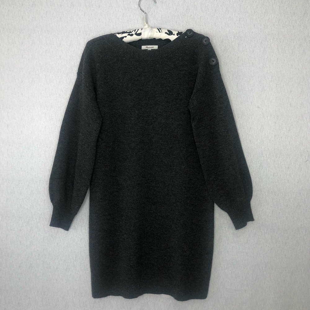 Madewell Sweater Dress XS Boatneck Button Shoulder Balloon Sleeve Wool Dark Grey